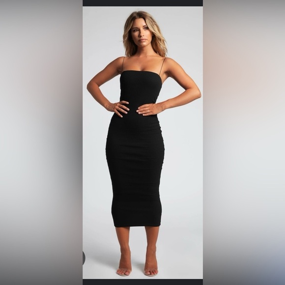 NWT Meshki Jalia Black Knit Ribbed Lined Thin Strap MIDI Dress XS NEW Bo… - Picture 1 of 13